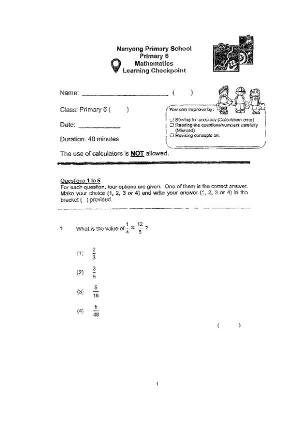 First page preview of P6 Math 2025 WA1 — Nanyang