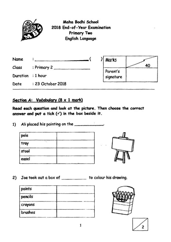 Maha Bodhi P2 Eng SA2 2018 exam paper PDF first page preview