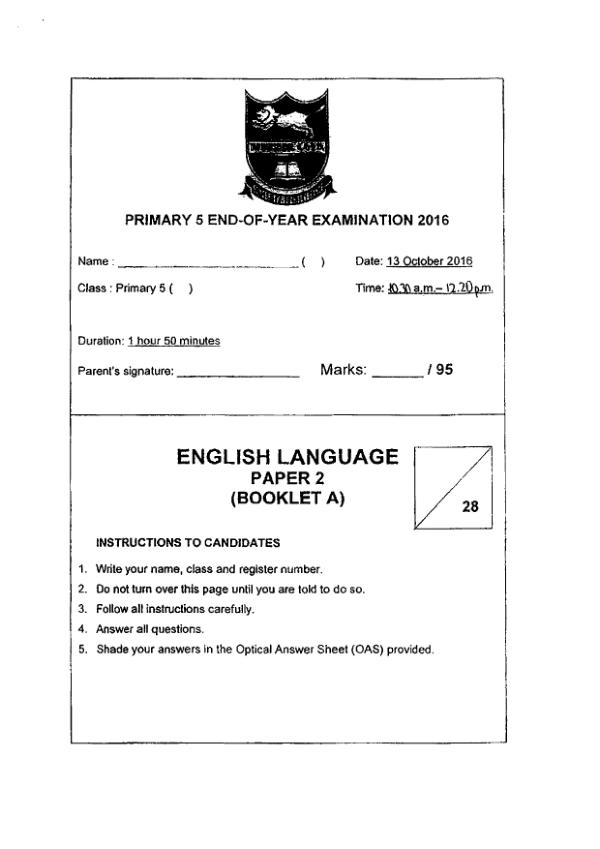 Tao Nan P5 Eng SA2 2016 exam paper PDF first page preview