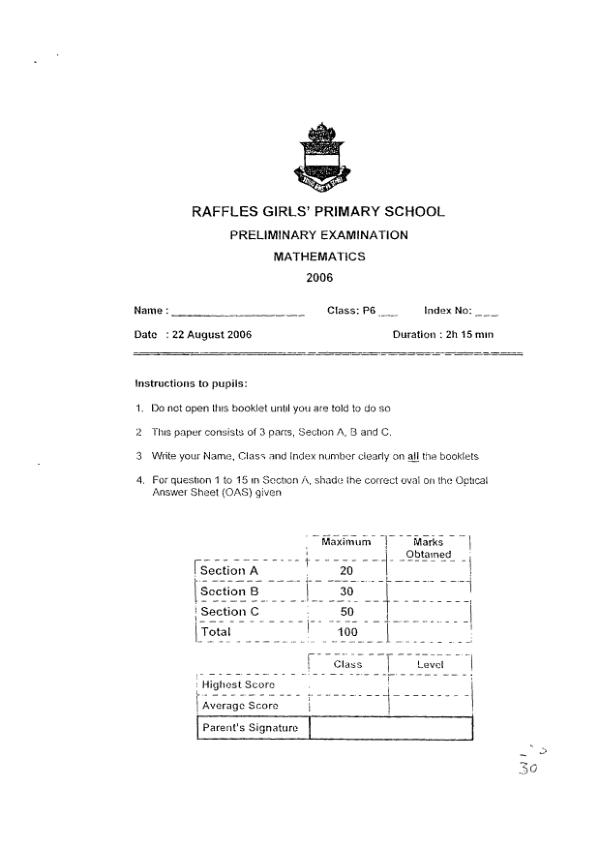 Raffles Girls P6 Math SA2 2006 exam paper PDF preview