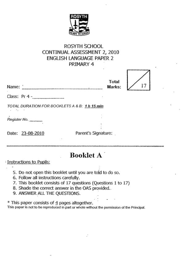 Rosyth P4 Eng WA3 2010 exam paper PDF preview