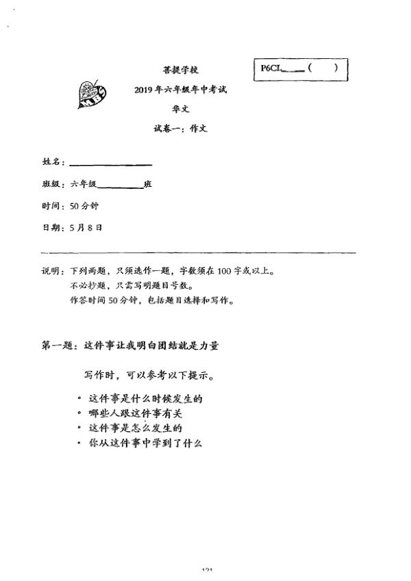 Maha Bodhi P6 Chi WA2 2019 exam paper PDF first page preview