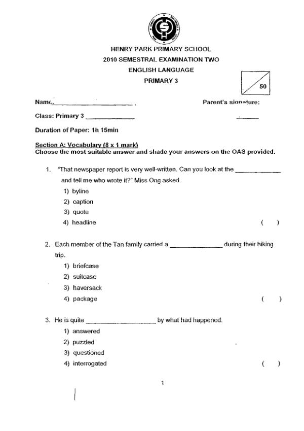 Henry Park P3 Eng SA2 2010 exam paper PDF preview