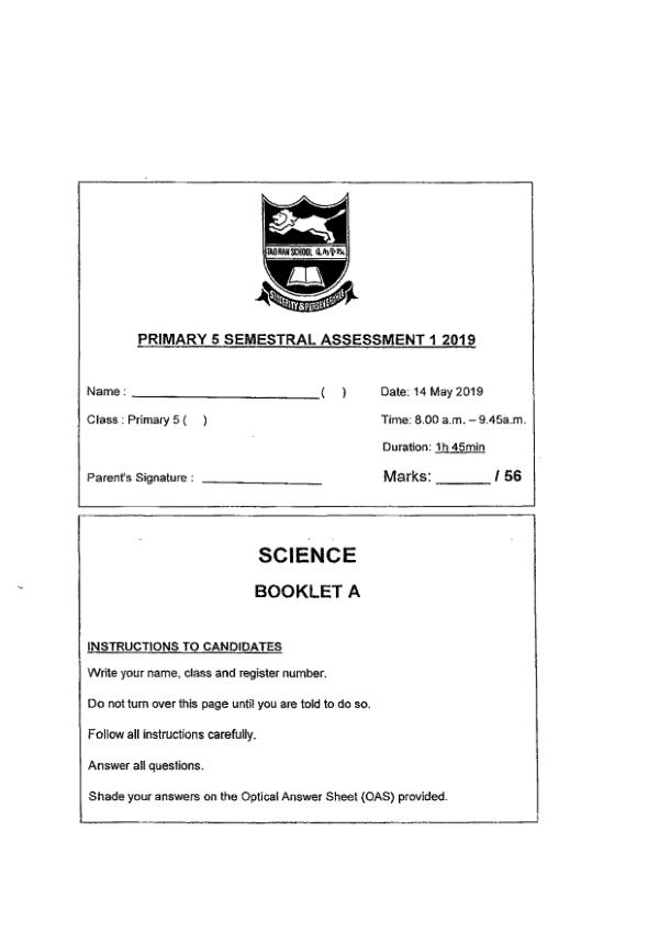 Tao Nan P5 Sci WA2 2019 exam paper PDF first page preview