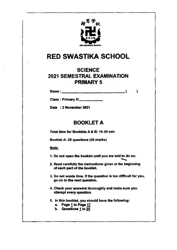 Red Swastika P5 Sci SA2 2021 exam paper PDF preview