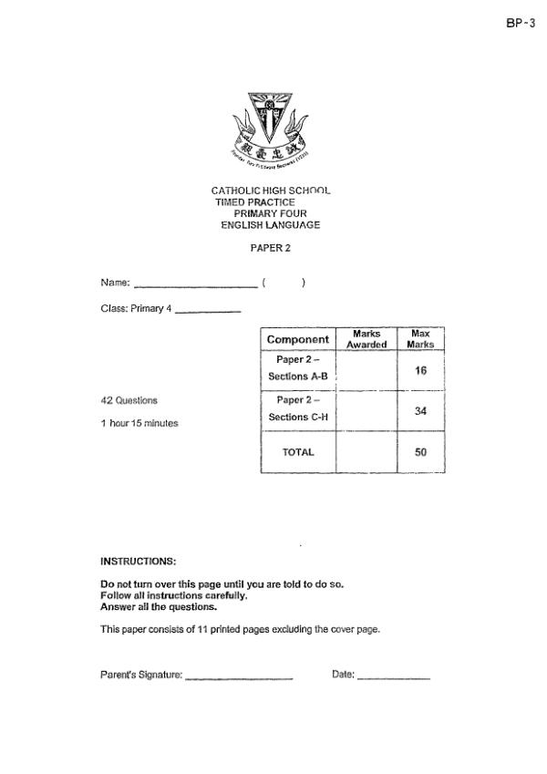 Catholic High P4 Eng WA1 2022 exam paper PDF preview