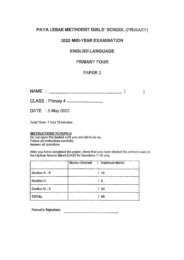 Methodist Girls P4 Eng WA2 2022 exam paper PDF first page preview