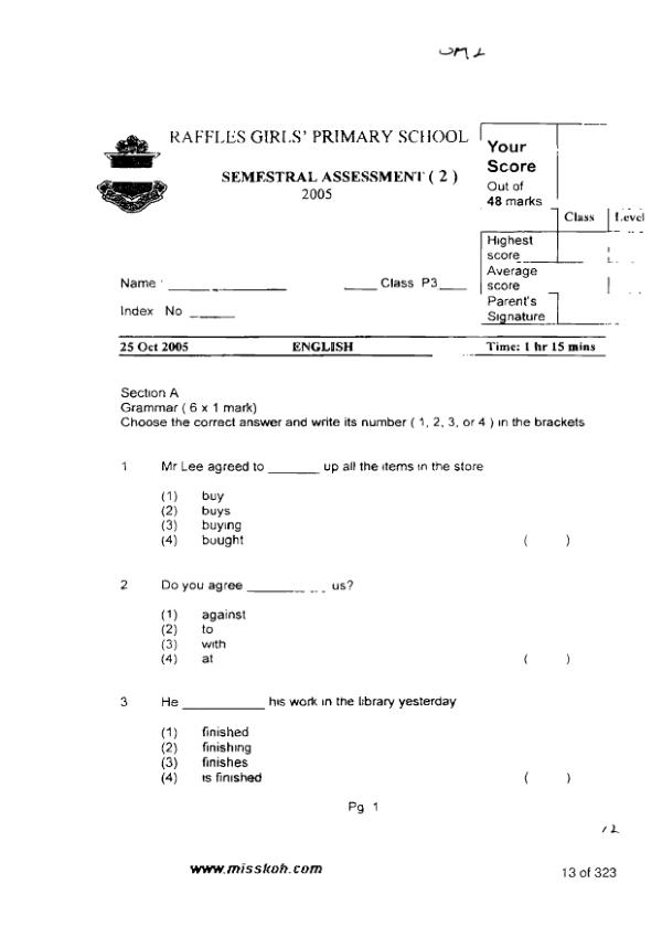 Raffles Girls P3 Eng SA2 2005 exam paper PDF preview