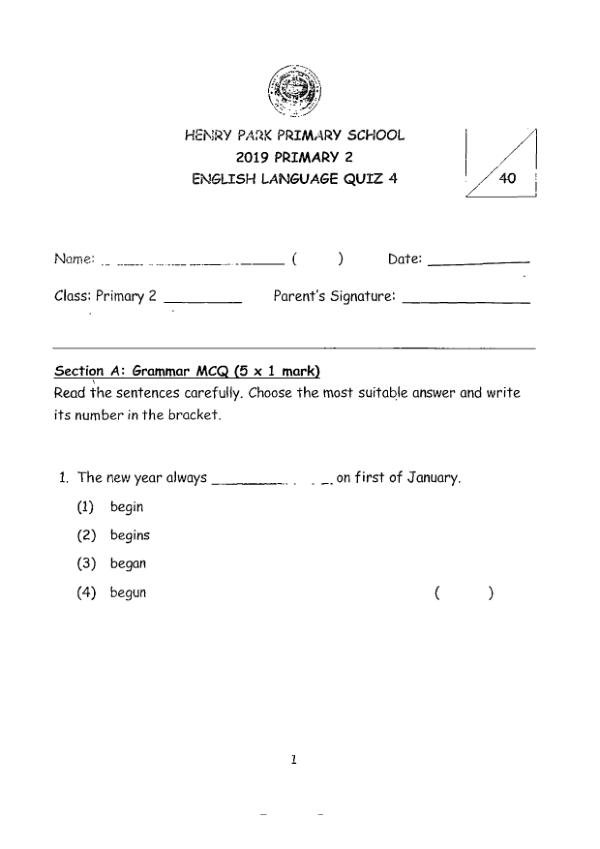 Henry Park P2 Eng SA2 2019 exam paper PDF first page preview