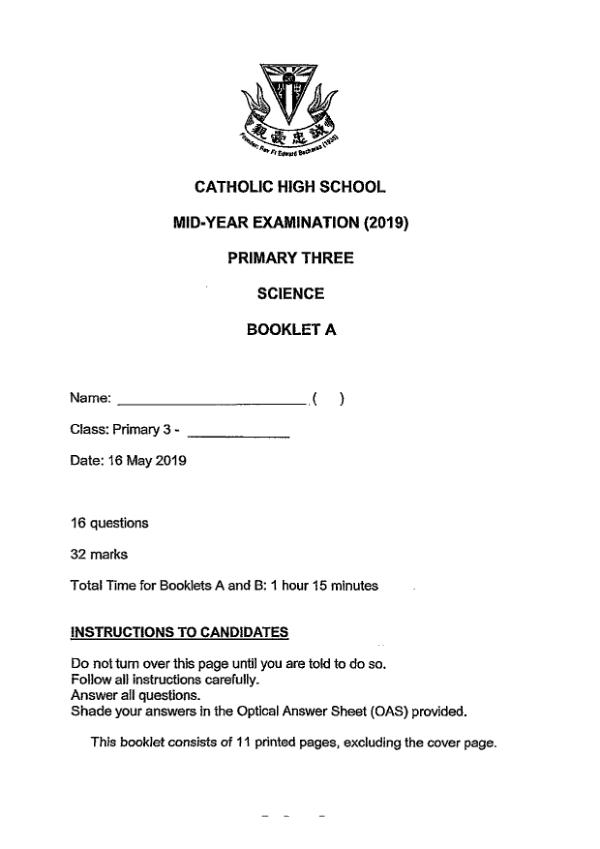 Catholic High P3 Sci WA2 2019 exam paper PDF first page preview