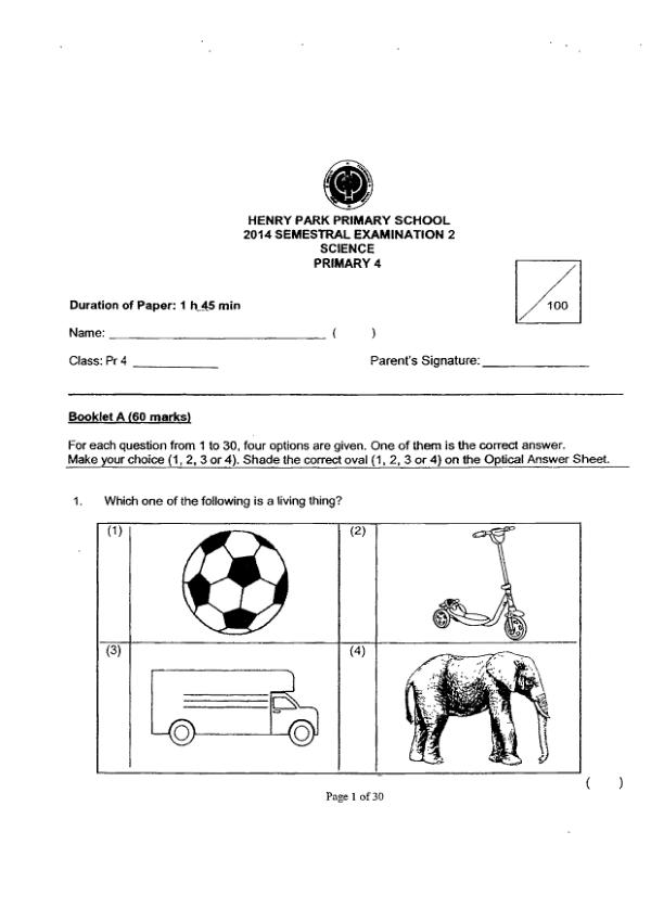 Henry Park P4 Sci SA2 2014 exam paper PDF first page preview