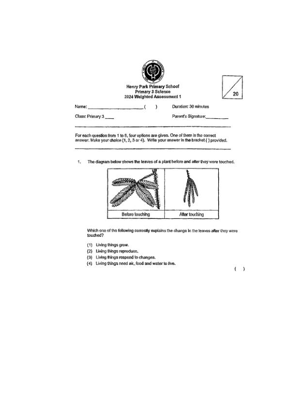 First page preview of P3 Sci 2024 WA1 — Henry Park