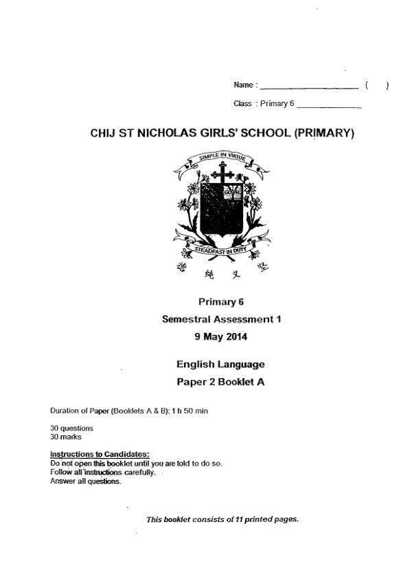 CHIJ P6 Eng WA2 2014 exam paper PDF first page preview