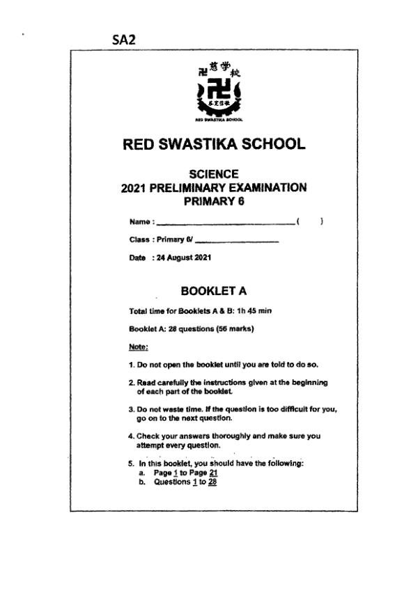 Red Swastika P6 Sci SA2 2021 exam paper PDF first page preview