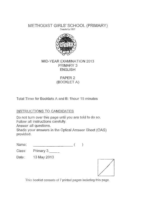 Methodist Girls P3 Eng WA2 2013 exam paper PDF first page preview