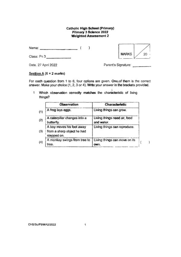 Catholic High P3 Sci WA3 2022 exam paper PDF preview