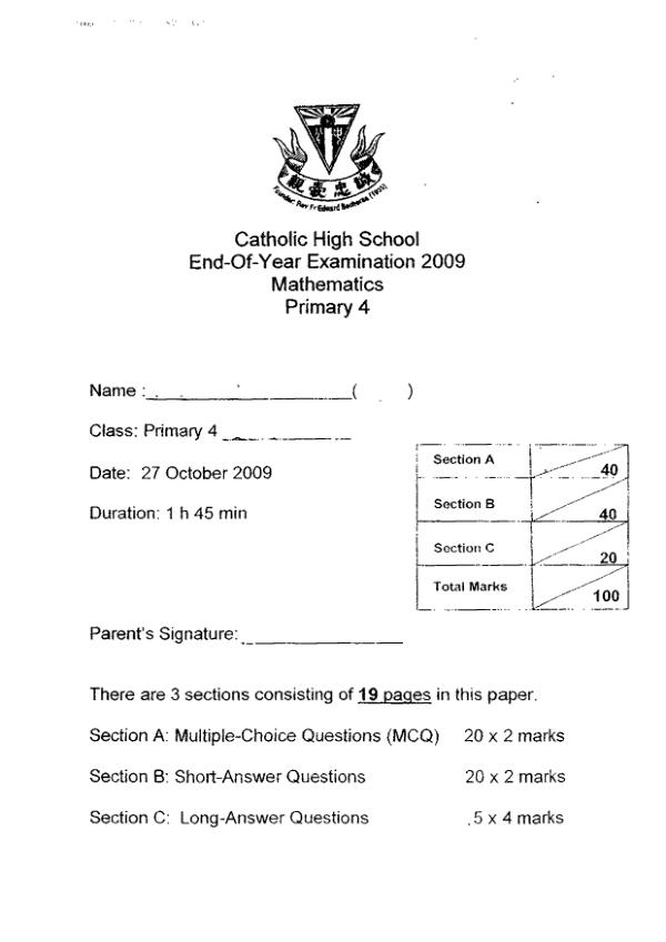Catholic High P4 Math SA2 2009 exam paper PDF preview