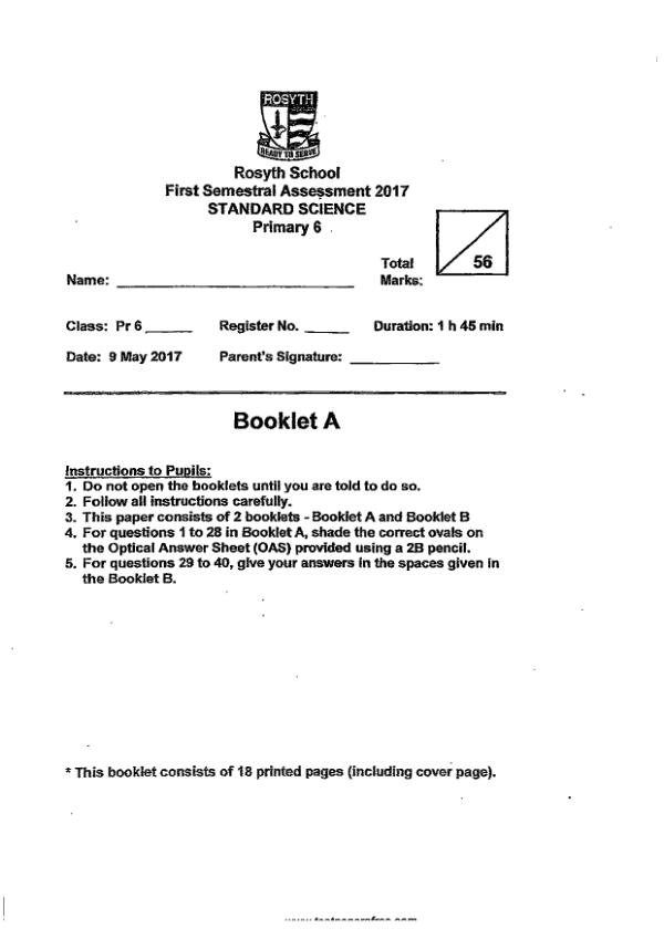Rosyth P6 Sci WA2 2017 exam paper PDF first page preview