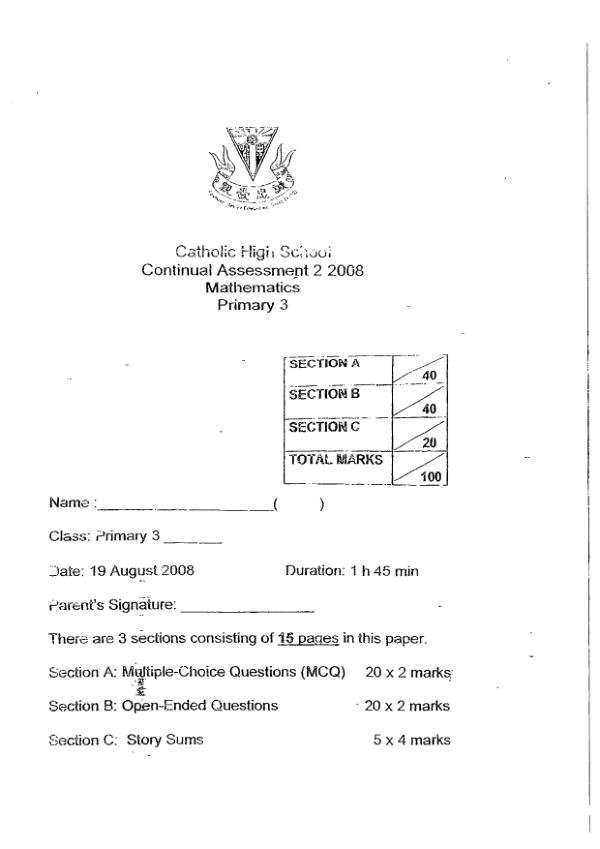 Catholic High P3 Math WA3 2008 exam paper PDF preview
