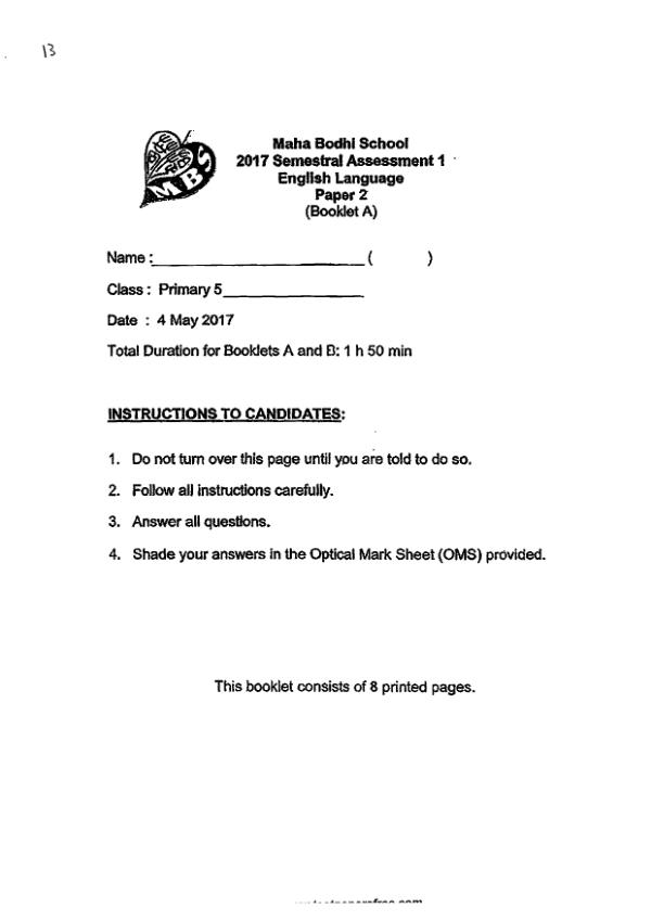 Maha Bodhi P5 Eng WA2 2017 exam paper PDF first page preview