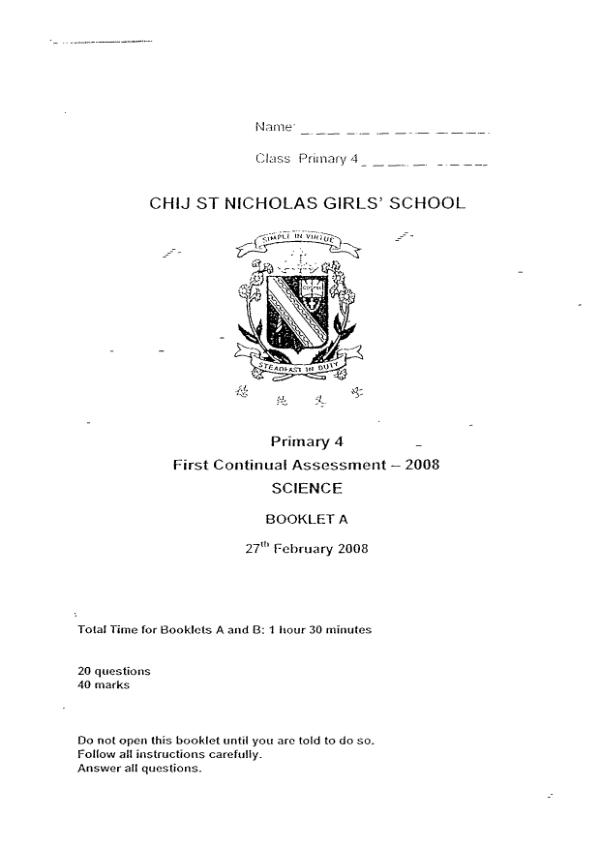 CHIJ P4 Sci WA1 2008 exam paper PDF preview