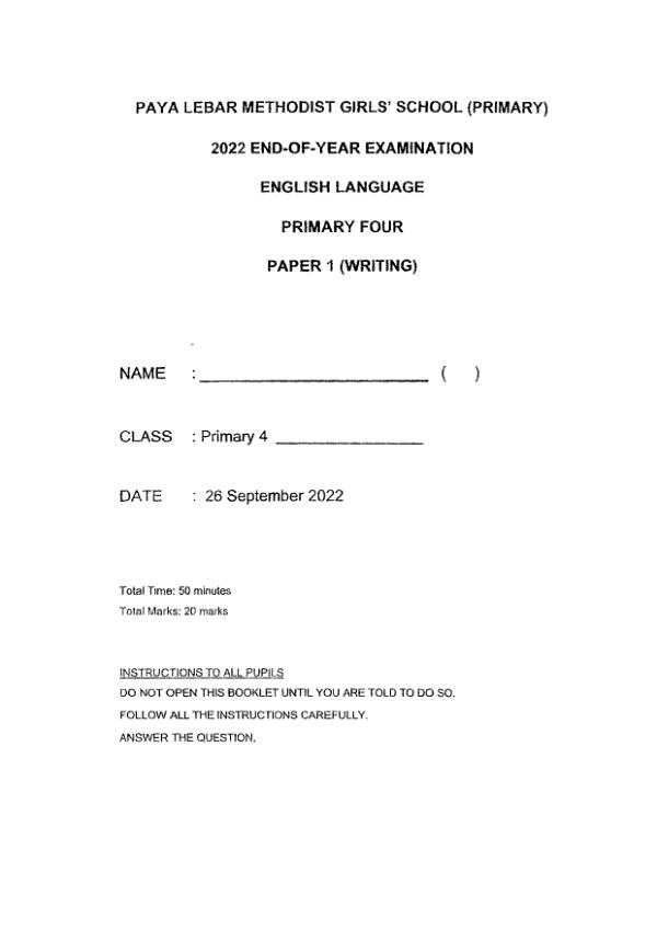 Methodist Girls P4 Eng SA2 2022 exam paper PDF first page preview
