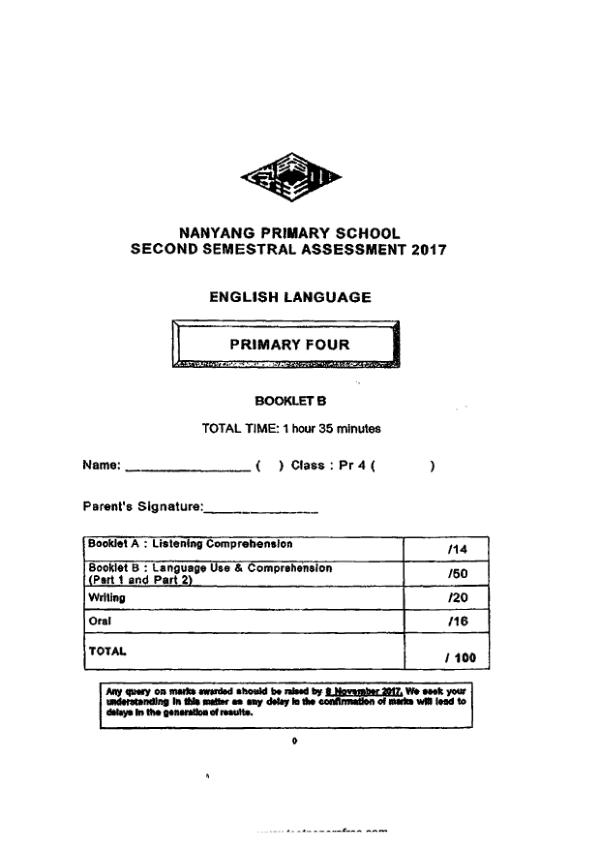 Nanyang P4 Eng SA2 2017 exam paper PDF first page preview
