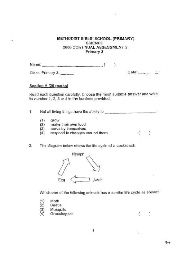 Methodist Girls P3 Sci WA3 2006 exam paper PDF first page preview