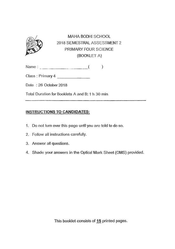 Maha Bodhi P4 Sci SA2 2018 exam paper PDF first page preview