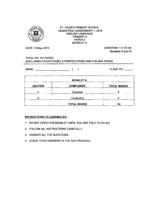 St Hildas P4 Eng WA2 2019 exam paper PDF first page preview