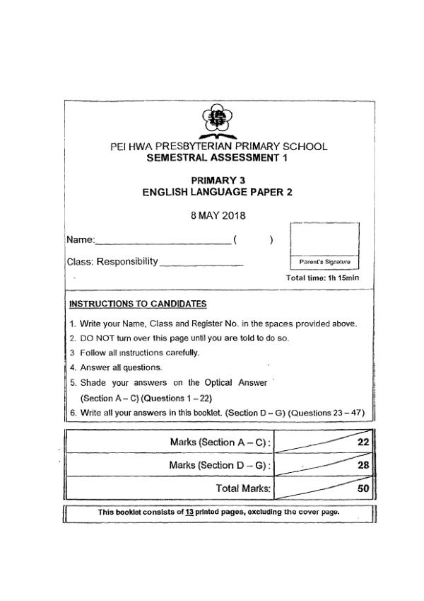 Pei Hwa P3 Eng WA2 2018 exam paper PDF first page preview