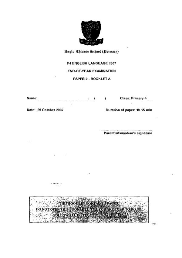 Anglo Chinese P4 Eng SA2 2007 exam paper PDF first page preview