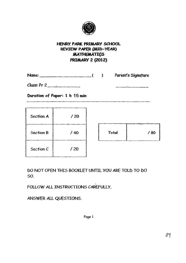 Henry Park P2 Math WA2 2012 exam paper PDF first page preview