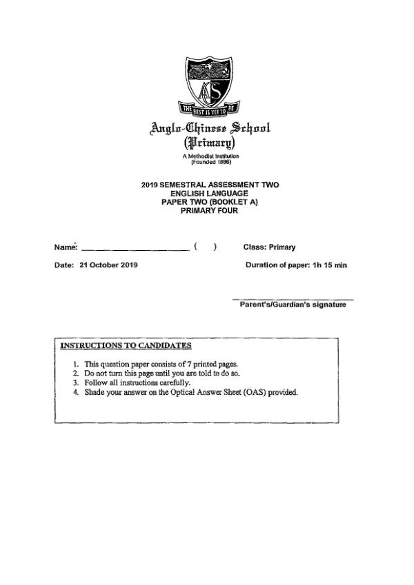 Anglo Chinese P4 Eng SA2 2019 exam paper PDF first page preview