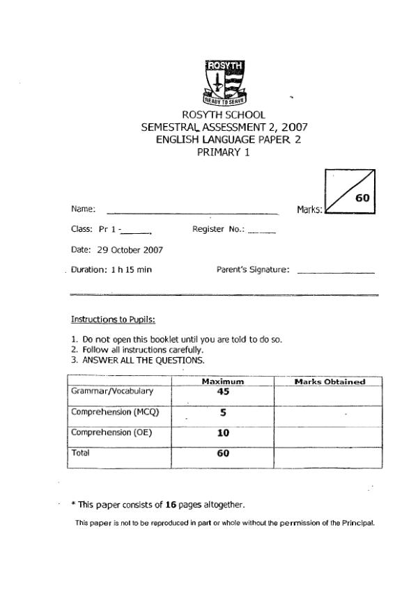 Rosyth P1 Eng SA2 2007 exam paper PDF first page preview