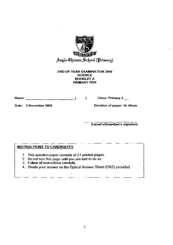 Anglo Chinese P5 Sci SA2 2009 exam paper PDF first page preview
