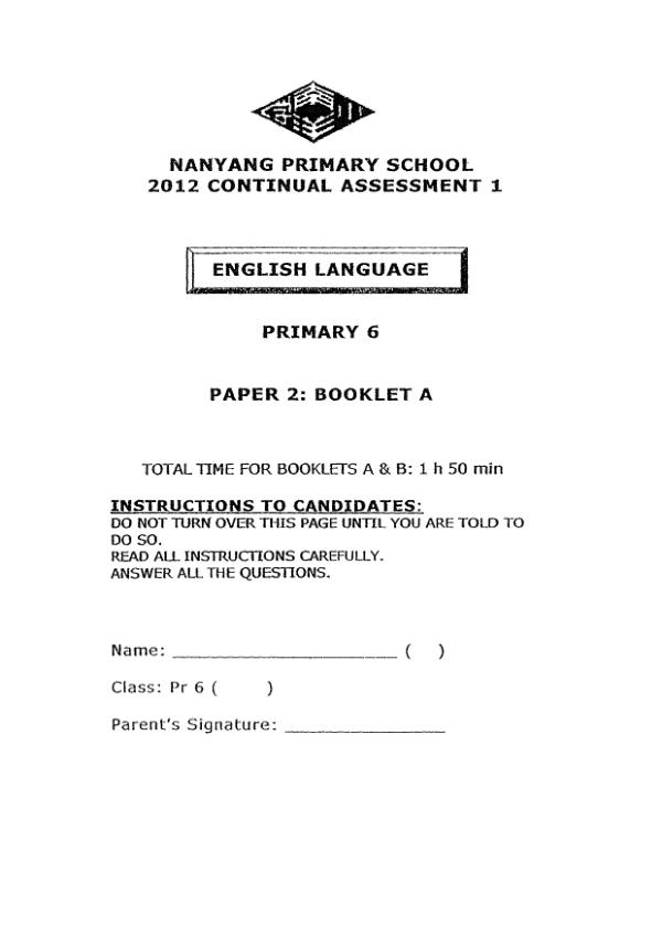 Nanyang P6 Eng WA1 2012 exam paper PDF preview