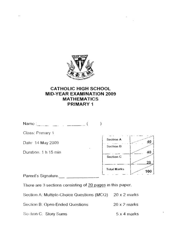Catholic High P1 Math WA2 2009 exam paper PDF preview