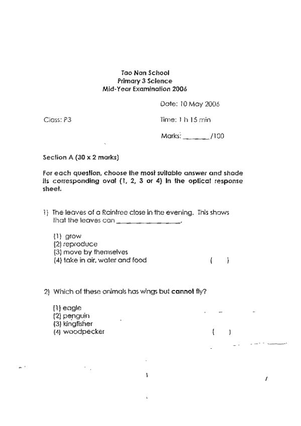 Tao Nan P3 Sci WA2 2006 exam paper PDF preview