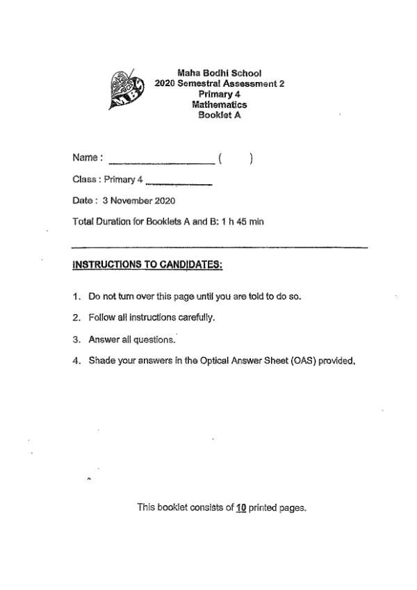 First page preview of P4 Math 2020 SA2 — Maha Bodhi