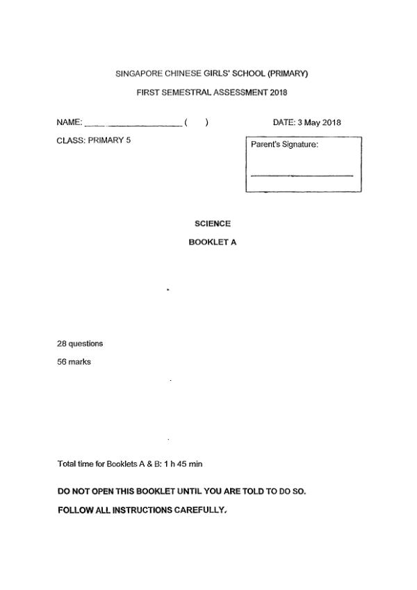 Singapore Chinese Girls P5 Sci WA2 2018 exam paper PDF first page preview