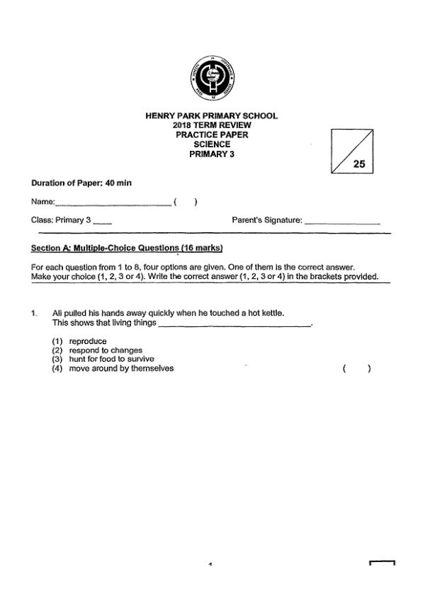 Henry Park P3 Sci WA1 2018 exam paper PDF first page preview
