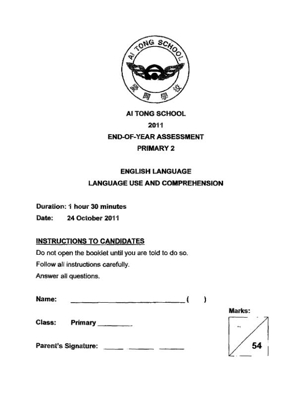 Ai Tong P2 Eng SA2 2011 exam paper PDF preview