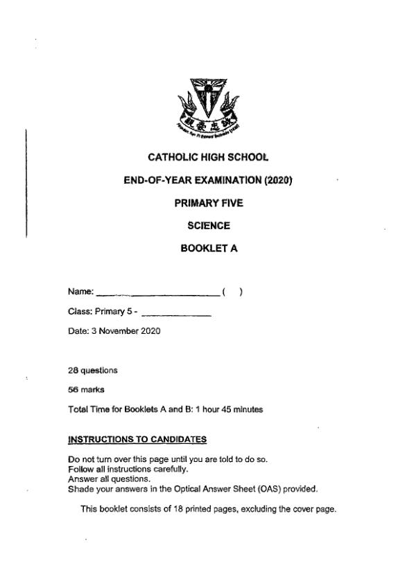 Catholic High P5 Sci SA2 2020 exam paper PDF preview