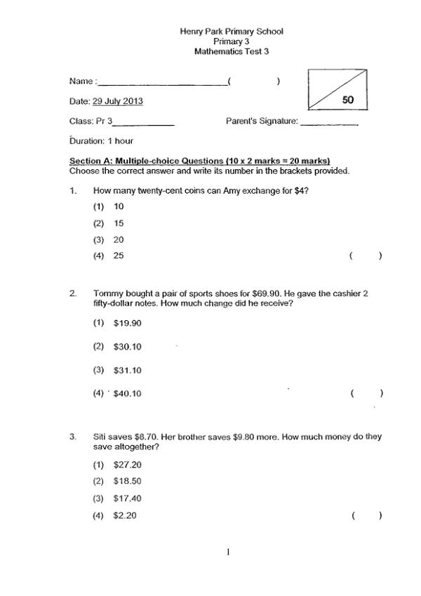 Henry Park P3 Math WA1 2013 exam paper PDF preview