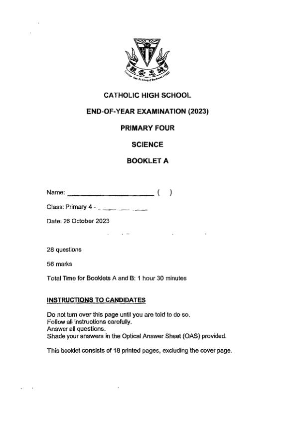 Catholic High P4 Sci SA2 2023 exam paper PDF preview
