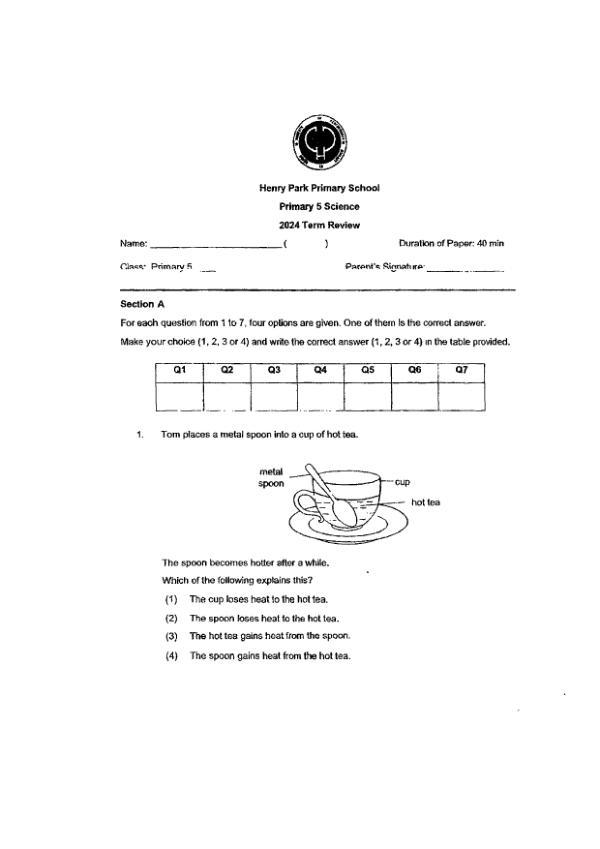 First page preview of P5 Sci 2024 WA3 — Henry Park