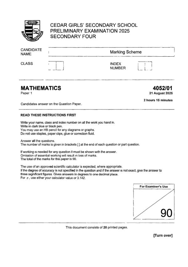 Cedar Girls Sec4 E_Maths Prelim 2025 exam paper PDF preview