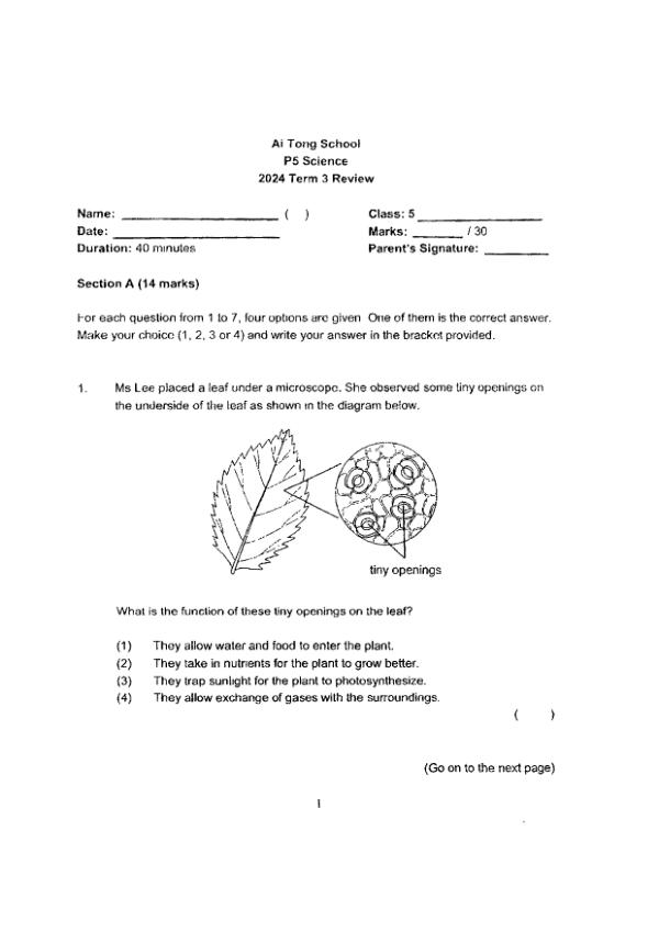First page preview of P5 Sci 2024 WA3 — Ai Tong