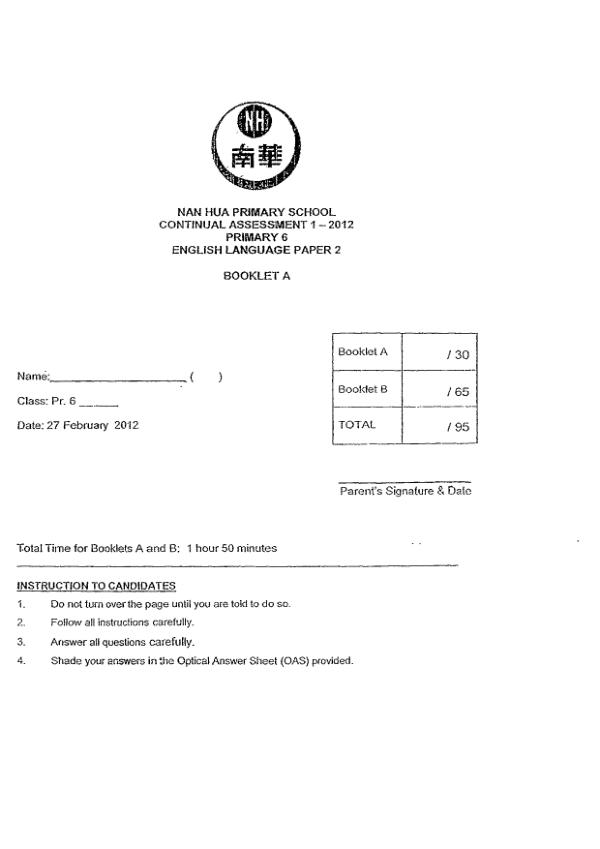 Nan Hua P6 Eng WA1 2012 exam paper PDF preview